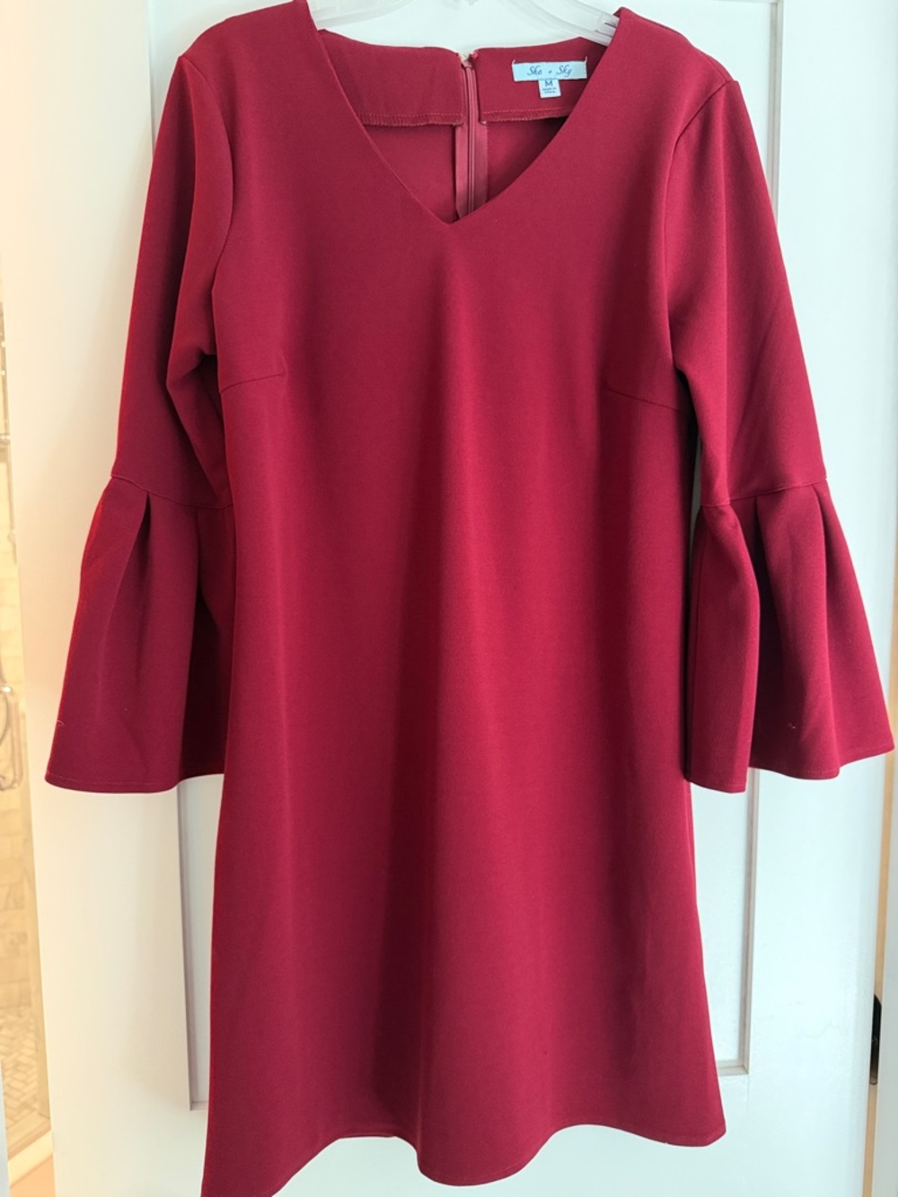 Burgundy Bell-Sleeve V-Neck Dress